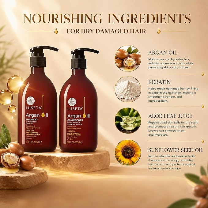 Luseta Argan Oil Shampoo & Conditioner Set for Dry Damaged Hair, 2 * 16.9oz | Smoothing & Thickening for Fine Hair, Anti-Frizz Care, Helps Smooth Strands, Provides Nourishment, Sulfate Free