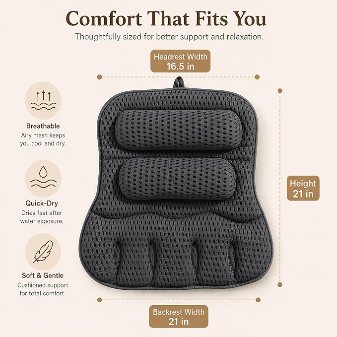 Luxury Bath Pillow for Tub, with 10 Strong Suction Cups, Non-Slip Bathtub Pillow for Head Neck & Back Support, Extra Large 21” Spa Bath Pillow, 4D Air Mesh Quick-Dry, Gift for Women(Grey)