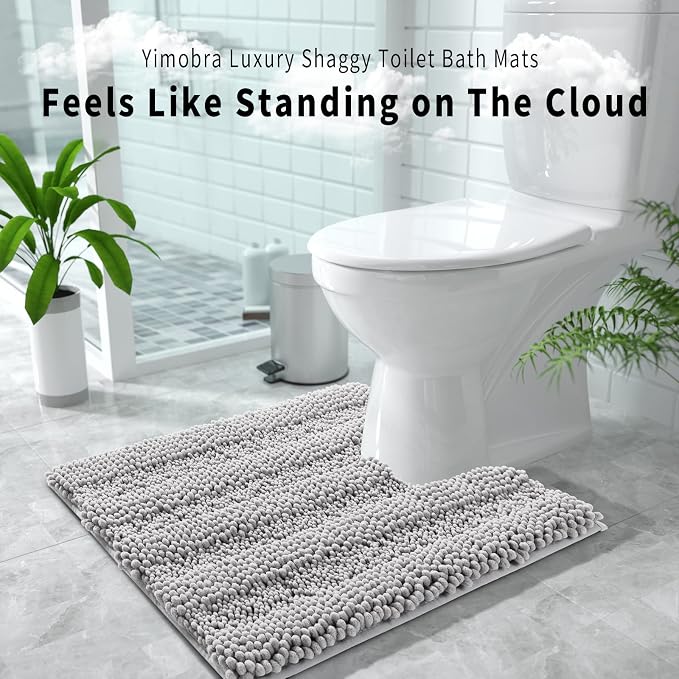 Yimobra Toilet Rugs U Shaped Washable 24 x 20, Non Slip and Super Absorbent Toilet Mat, Quick Dry, Ultra Luxury Microfiber Chenille Plush Fluffy Contour Bath Rugs for Toilet Base, Gray