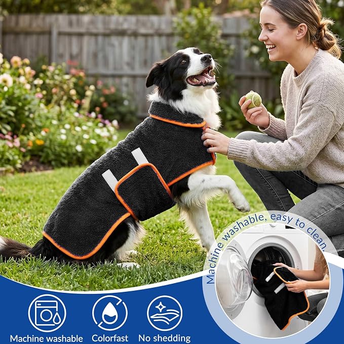 Bienbee Dog Bathrobe, Quick Drying Super Absorbent Pet Robes for Small Medium Large Dogs, Drying Coat for After Bath & Swim, Warm & Cozy Dogs Towels, Dog Puppy Bath Supplies, Black L