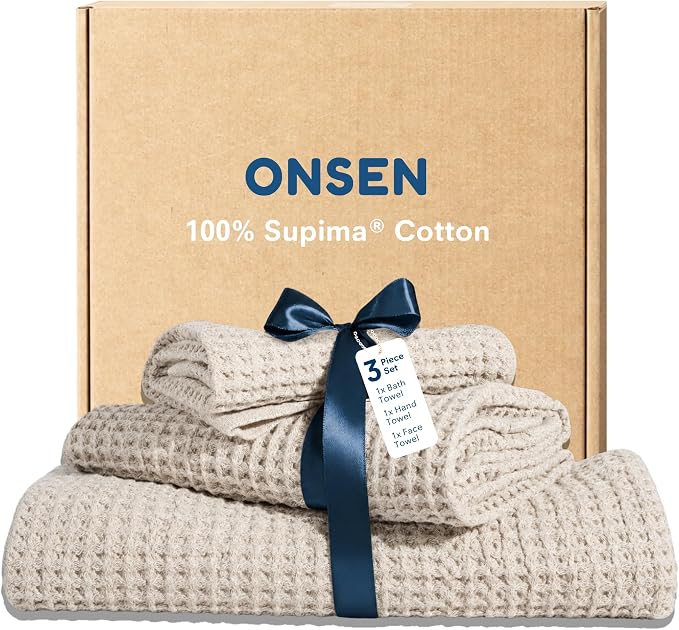 ONSEN Supima® Waffle Bath Towel Set, Quick Dry Lint Free 100% USA Cotton, Bath Hand and Face Towel Bundle, 3 Piece (Oatmeal, Bath Towel Set)