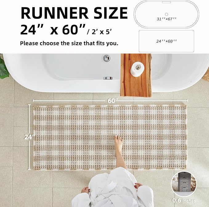 TYUU Waffle Runner Rug Bathroom, Long Boho Bathroom Rugs Non Slip Washable Absorbent Checkered Bathroom Mat Quick Dry Farmhouse Bath Mat, 60"x24" Khaki and White