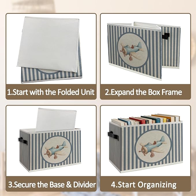 Vintage Airplane Foldable Storage Bins Box with Handles, Kids Room Decor for Boys, Neutral Blue Striped Plane Collapsible Organizer Basket for Kids Nursery Room Bedroom Playroom Toys Books