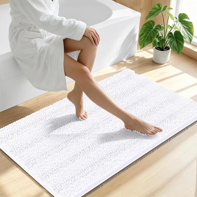 Smiry Thick Chenille Bathroom Runner Rugs 44x24, Extra Absorbent Striped Bath Mat, Machine Washable, Rubber Backing, Long Bath Rugs for Tub & Shower, Modern Home Decor Accessories, White