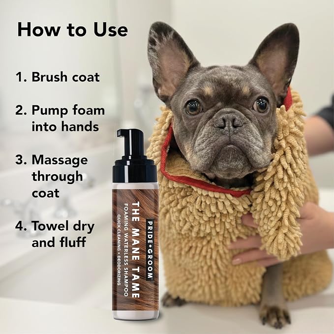 Pride and Groom The Mane Tame Dog Dry Shampoo – Waterless Foam for Dogs and Cats Made in USA for a Rinse Free Cleanse and to Eliminate Odor in Between Baths On-The-Go – 7.1 fl oz