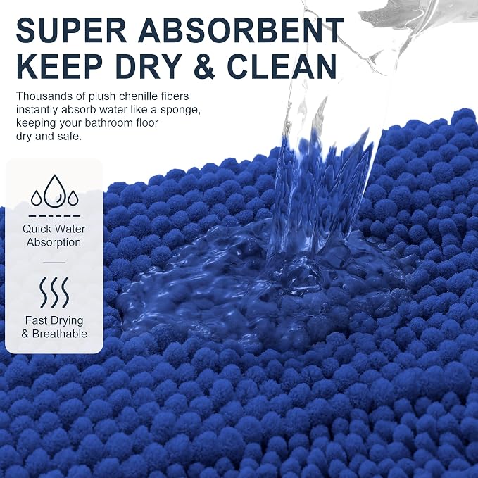 Smiry Thick Chenille Bathroom Rugs 36x24, Extra Soft Absorbent Striped Bath Mat, Machine Washable, Rubber Backing, Bath Rugs for Bathroom, Tub & Shower, Home Decor Accessories, Royal Blue