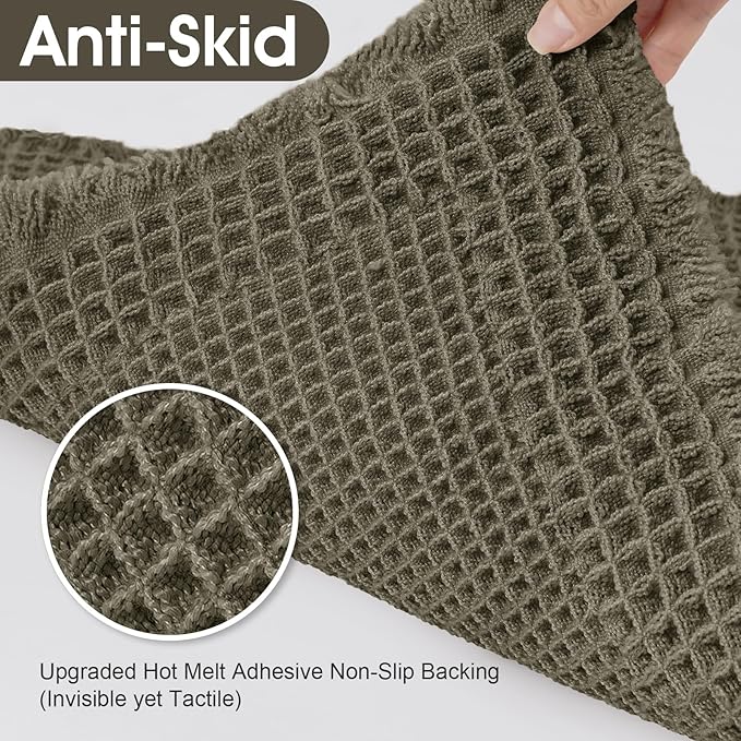 Upgraded Waffle Bath Mat Set 3 Piece Greyish Green-Bordered, Super Absorbent Non-Slip Quick Dry Bathroom Rugs with Tassels, Machine Washable Ultra Soft Boho Bath Rugs, Toilet Mats Boho Farmhouse Decor