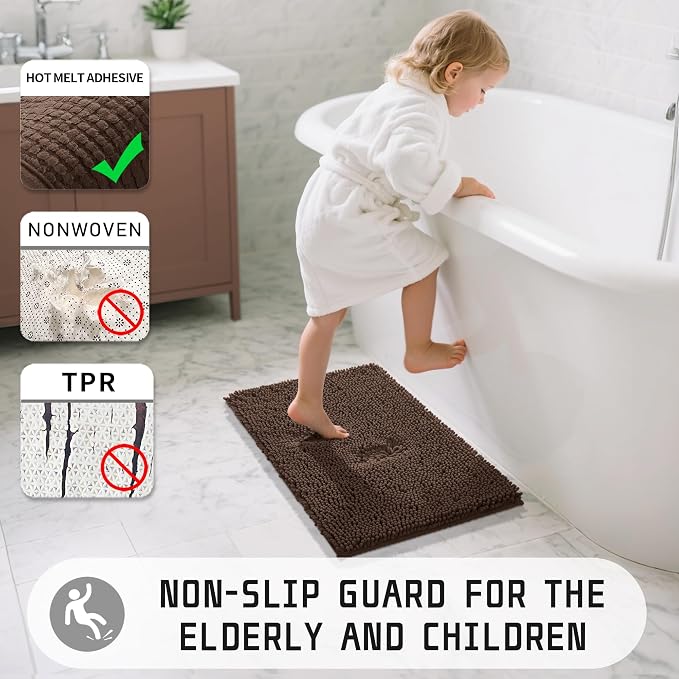 Yimobra Long Bathroom Rugs 44"x24", Extra Soft Non Slip Bath Mat for Tub, Super Absorbent Quick Dry Shaggy Rug Floor Carpet, Machine Washable,Brown