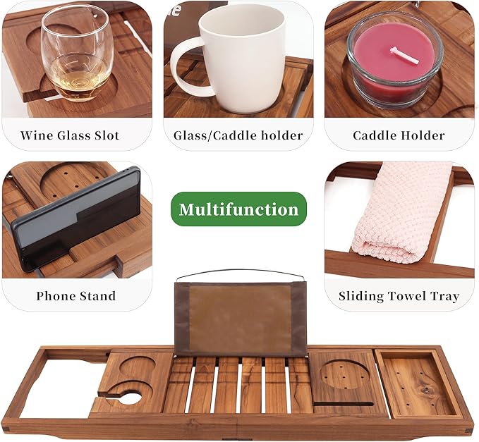 VaeFae Premium Teak Bathtub Tray, Expandable Wooden Bath Tray for Tub, Luxury Bathtub & Bathroom Accessories, Great House Warming, Anniversary & Wedding and Birthday Gifts (Free Teak Body Brush)