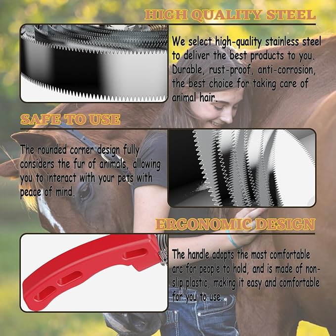 6 Rings Curry Comb Horse Brush, Reversible Stainless Steel Shedding Comb & Scraper with Soft Touch Grip, Horse Grooming Supplies for Horses, Dogs & Livestock, Curry Comb for Shedding & Bathing