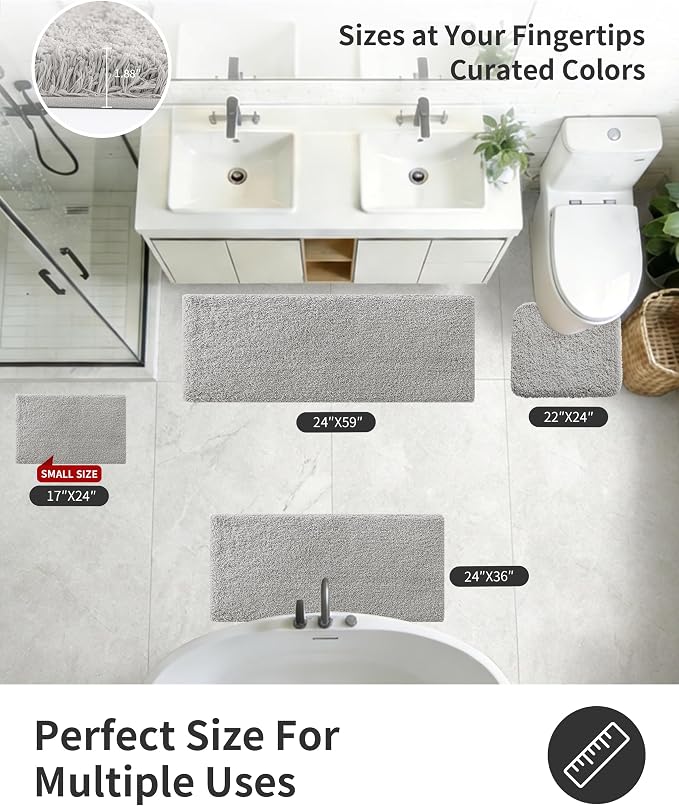 ILANGO Grey Bathroom Rugs 70" × 24" Non Slip & Super Absorbent Extra Thick Soft, Washable Bath Carpet Runner for Floor, Microfiber Plush Shaggy Bath Mats with Rubber for Bedroom Bathtub Shower Room