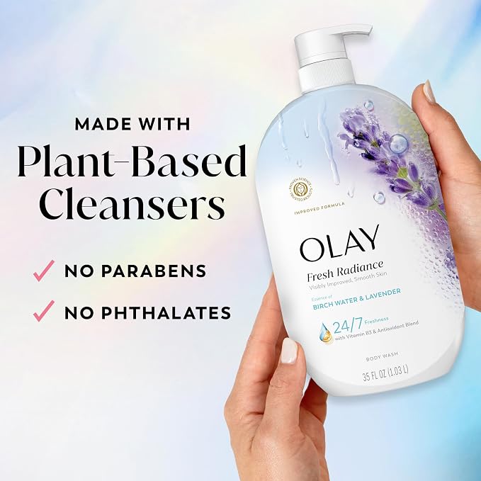 Olay Body Wash for Women, Fresh Radiance, 24/7 Skin-Loving Freshness, Visibly Radiant, Plant Based Cleansers, Vitamin B3 & Antioxidant Blend, For All Skin Types, Birch Water & Lavender Scent, 35 fl oz