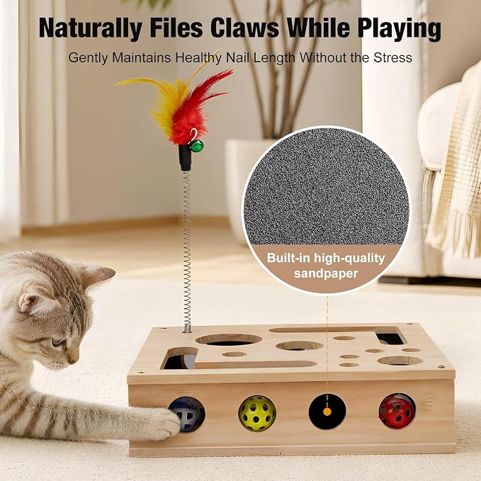 Cat Nail File Enrichment Box for Indoor Cats Solid Wood Cat Scratcher with Built in Sandpaper Self Grooming Puzzle Toy Stress Free Alternative to Cat Nail Clippers & Grinders