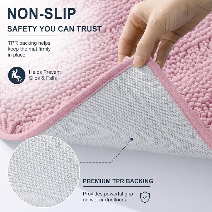 Smiry Thick Chenille Bathroom Runner Rugs 44x24, Extra Absorbent Striped Bath Mat, Machine Washable, Rubber Backing, Long Bath Rugs for Bathroom, Tub & Shower, Home Decor Accessories, Dusty Rose
