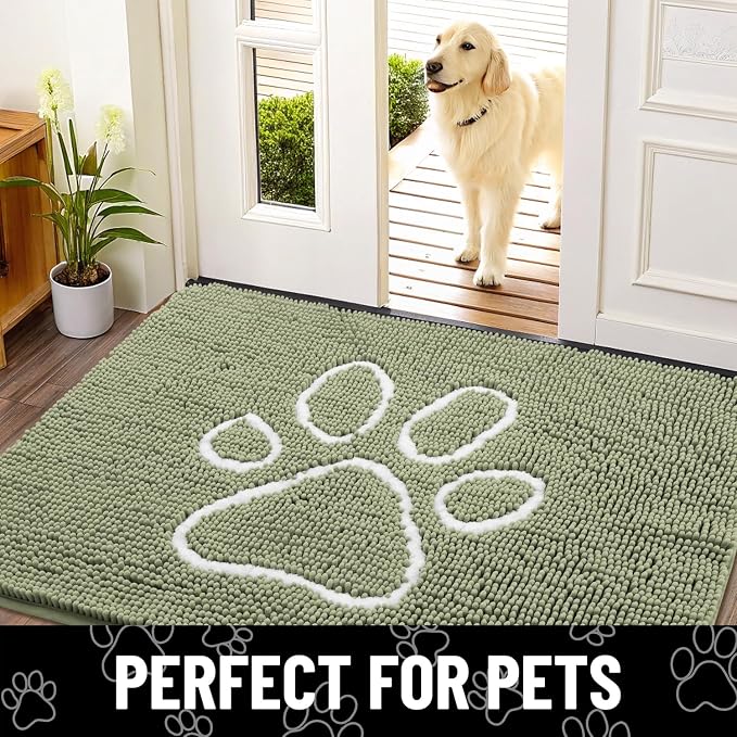 Smiry Dog Door Mat for Muddy Paws, Absorbent Dirt Trapper Non Slip Quick Dry Washable Chenille Mat for Mud Dogs, Entry Rug for Indoor and Outdoor (36x24 Inches, Sage Green and White)