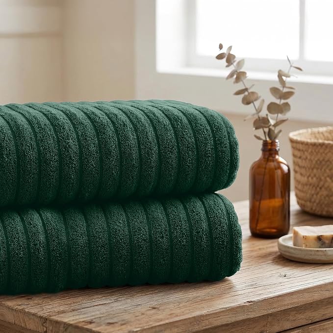 RIVERSIDE Pack of 2 Extra Large Bath Sheet Towels, 35 x 70 Inches, 600 GSM, Ribbed Stripe, 100% Cotton - Super Soft, Highly Absorbent & Quick Dry for Bathroom, Spa & Hotel, Hunter Green