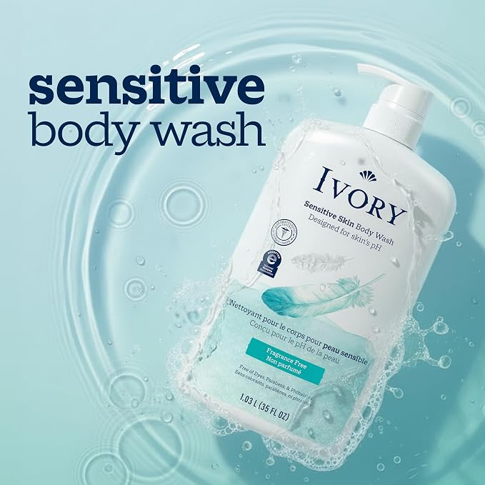 Ivory Sensitive Body Wash, Fragrance-Free, Designed for the Whole Family, Gentle Formula, Free of Dyes Heavy Perfumes Parabens Phthalates & Silicones, Designed for Skin's pH, 35 oz