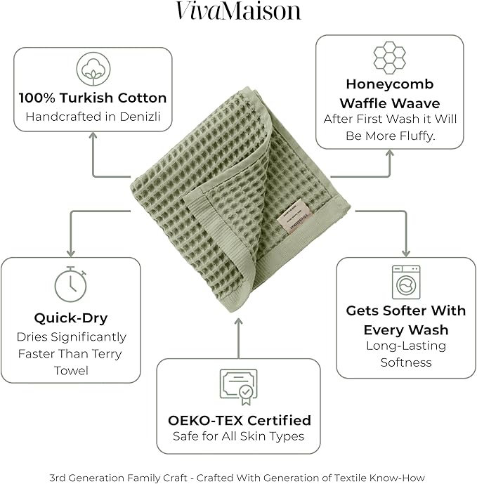 Waffle Washcloths Set of 8 Green - Premium Quality 100% Turkish Cotton Face Washcloth, Soft Makeup Towel, Shower Cloth, Kitchen Towel (Dark Green, Set of 8 Washcloths)