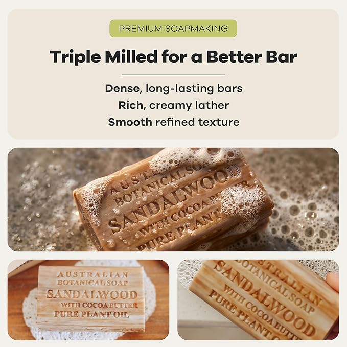 Australian Botanical Soap, Sandalwood and Cocoa Butter, 6.6 OZ, Triple Milled Bars Made with a Natural Soap Base and Enriched with Organic Shea Butter, Pack of 8