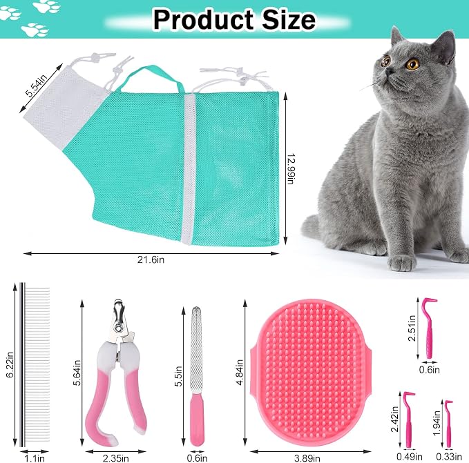 JULMELON 10 PCS Cat Washing Bag for Bath Shower Adjustable Net Grooming Set | Pet Brush Nail Clipper File, Hair Combs Tick Tool, Nail Caps, Bathing Trimming Examination, Pink and Green