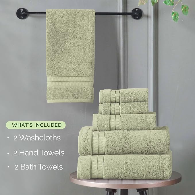 Elegant Comfort Luxury 6-Piece Towel Set, Premium Soft 100% Turkish Cotton, Three Line Popcorn Design 2 Bath Towels, 2 Hand Towels and 2 Washcloths Towel Set - Quick-Drying and Absorbent, Jade Green