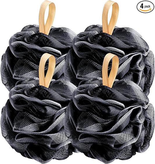 Fishent Loofah Bath Sponge Shower Loofahs, 4 Pack Soft Loofa Exfoliating Body Scrubber Mesh Shower Puff Pouf Ball Luffa for Men and Women(50g/pcs) (Black)