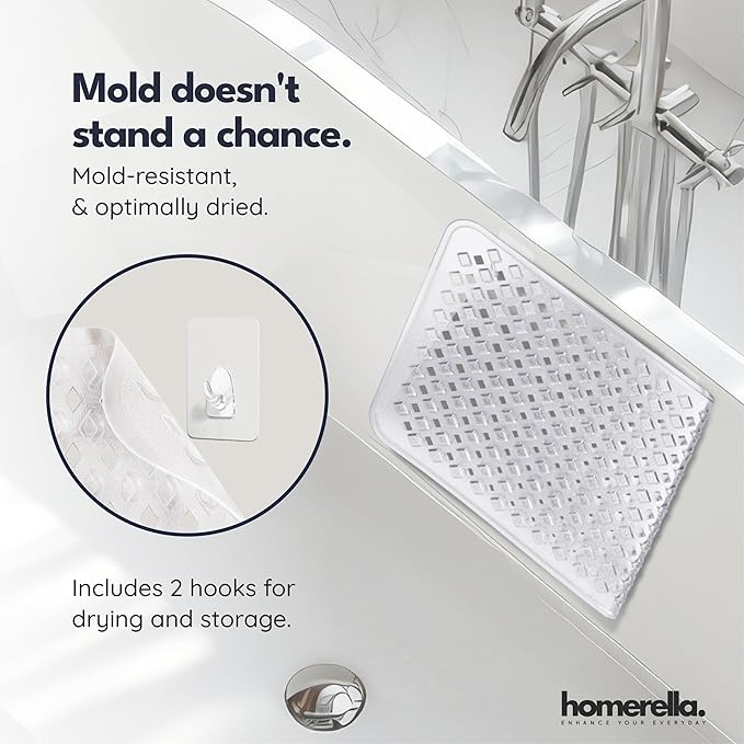 Bathtub Mat Non Slip 28x16 - homerella® Bath Mat Incl. Hooks for Drying, 100% BPA Free, Shower Mat Non Slip Anti Mold, Machine Washable, Shower Mats for Inside Shower Mildew Resistant (Clear)