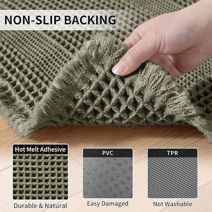 Waffle Bath Mat - Super Water Absorbing Bath Mat Quick Dry, Bathroom Rugs Non Slip Washable with Tassels, Rubber Backed Bathroom Mat for Bathroom Floor, Tub and Shower, 24" x 72", Olive Green