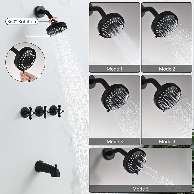 3 Handle Tub Shower Faucet Matte Black Three Knod Tub and Shower Trim Kit 3 Handles Bathtub Shower Faucets Completes with Brass Valve