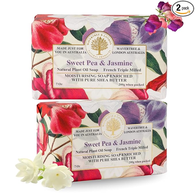 Wavertree & London Sweet Pea & Jasmine Scented Natural Soap (2 Bars), 7oz Moisturizing French Triple Milled Soap Bars enriched with shea butter - Pure Plant Based Bath & Body Bars for All Skin Types