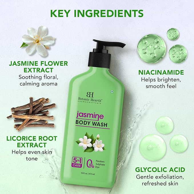 Botanic Hearth Jasmine Body Wash – Gentle 5-in-1 Cleansing Formula with Soothing Floral Aroma, Hydrating & Sulfate Free Daily Shower Gel – 16 fl oz