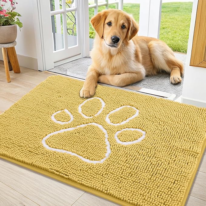 Smiry Dog Door Mat for Muddy Paws, Absorbent Dirt Trapper Non Slip Quick Dry Washable Chenille Mat for Mud Dogs, Entry Rug for Indoor and Outdoor (36x24 Inches, Yellow and White)