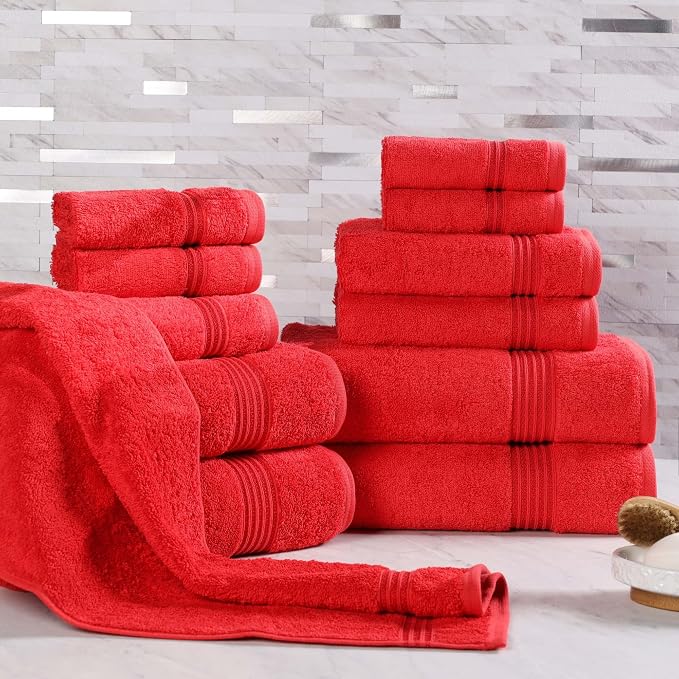 Superior Egyptian Cotton 12-Piece Towel Set, Assorted Towels for Home Bathroom, Master, Guest Bath, Decor Essentials, Includes 4 Bath, 4 Hand, 4 Face Towels/Washcloths, Quick Dry, Absorbent, Red