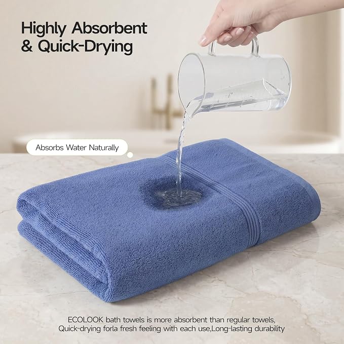 ecolook Bath Towels Set of 4, 100% Cotton, 27 x 55 Inches, Quick-Drying & Absorbent, Lightweight, Soft Towels for Bathroom,Shower,Spa, Gym & Hotel, Dark Blue