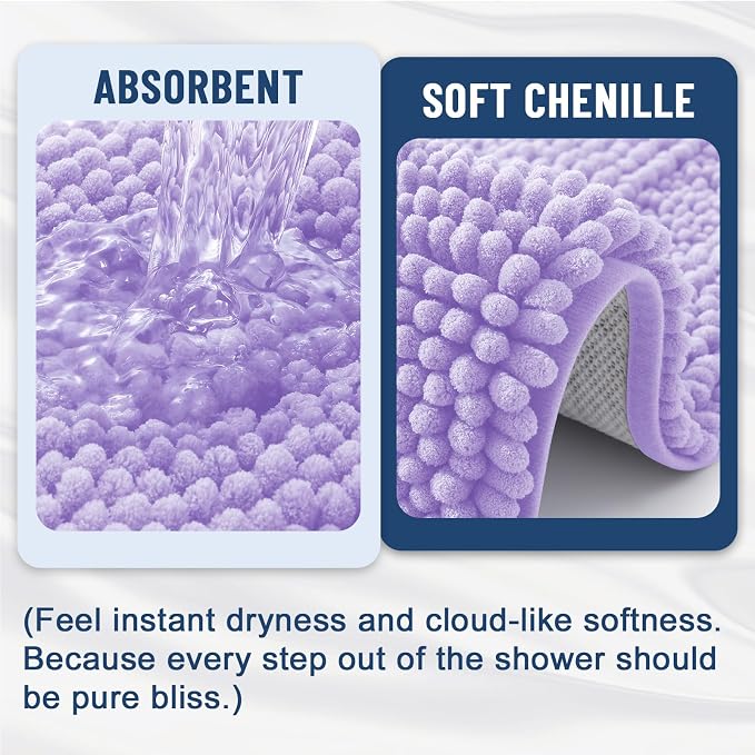 Grandaily Chenille Striped Bathroom Rugs 70x24, Extra Thick and Soft Absorbent Bath Mats, Rubber Backing, Plush Shaggy Shower Carpet, Machine Wash Dry, Bath Rug for Bathroom, Light Purple