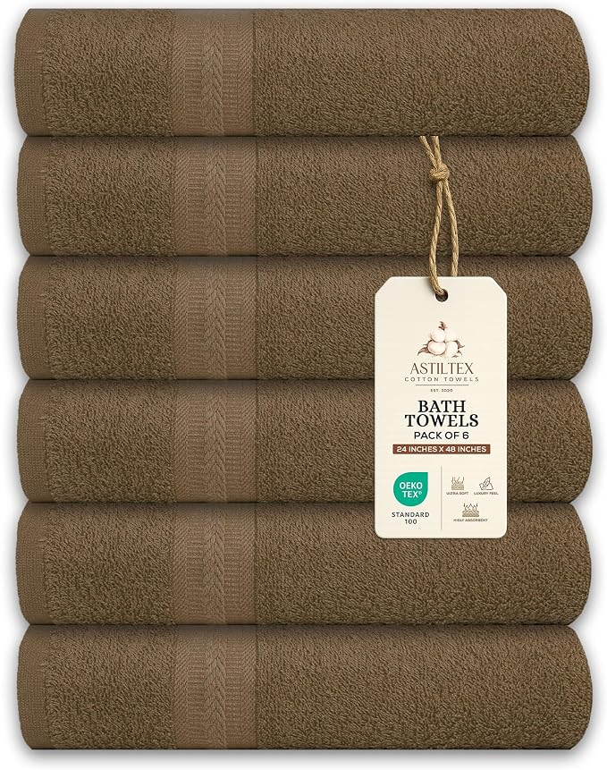 Bath Towels Pack of 6 – 24" x 48" – 100% Cotton Terry, Soft, Quick-Dry & Highly Absorbent – Chocolate Brown Towels for Bathroom, Spa, Gym, Hotel, Pool & Everyday Use
