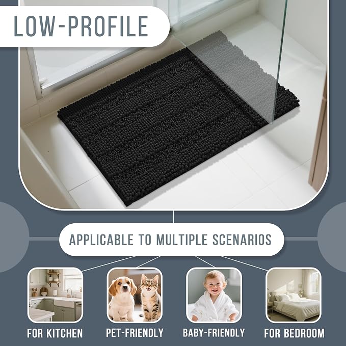Yimobra Bathroom Rug Mat 32 x 20, Non Slip and Super Absorbent Bath Mat,Machine Washable Quick Dry,Ultra Plush Chenille Shower Rugs for Bathroom Floor Sink Tub and Shower Outside,Black