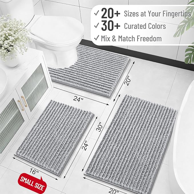 OLANLY Long Bathroom Rugs Runner 47x17, Thick Soft and Absorbent Chenille Bath Mat, Non-Slip, Machine Washable Quick Dry Bath Rugs for Tub Shower Floor, Home Decor Accessories, Light Grey