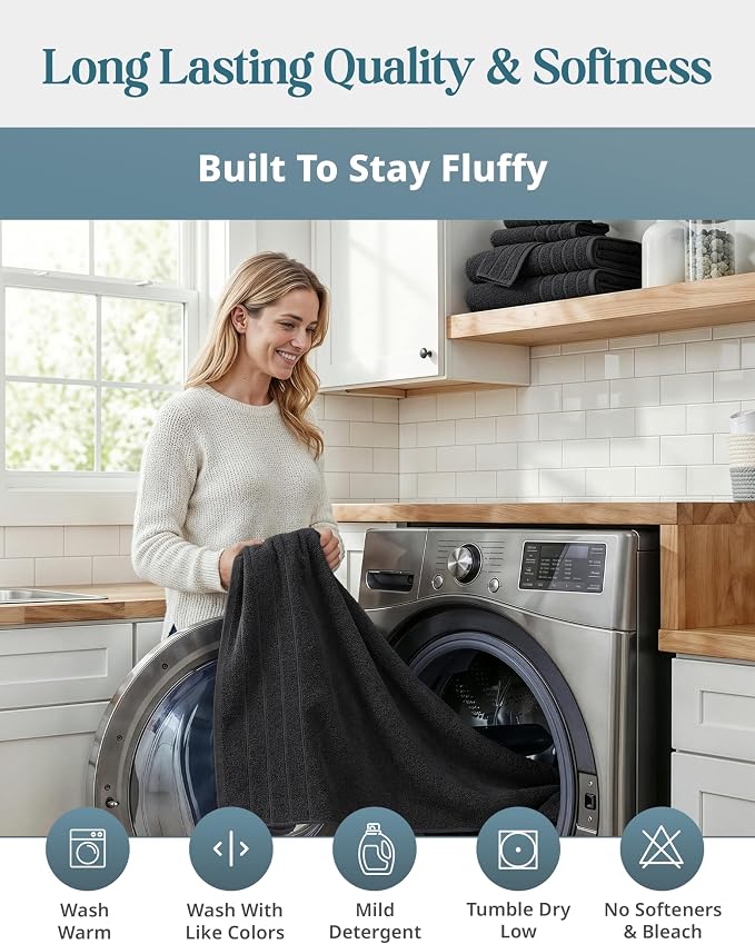 Casa Platino 100% Cotton Bath Towels 2 Pack (30"x60") - Ring Spun Mercerized Cotton Large Towel Set for Bathroom - Quick Dry, Soft & Absorbent Large Bath Towel Set - Oeko Tex Certified - Black Towels
