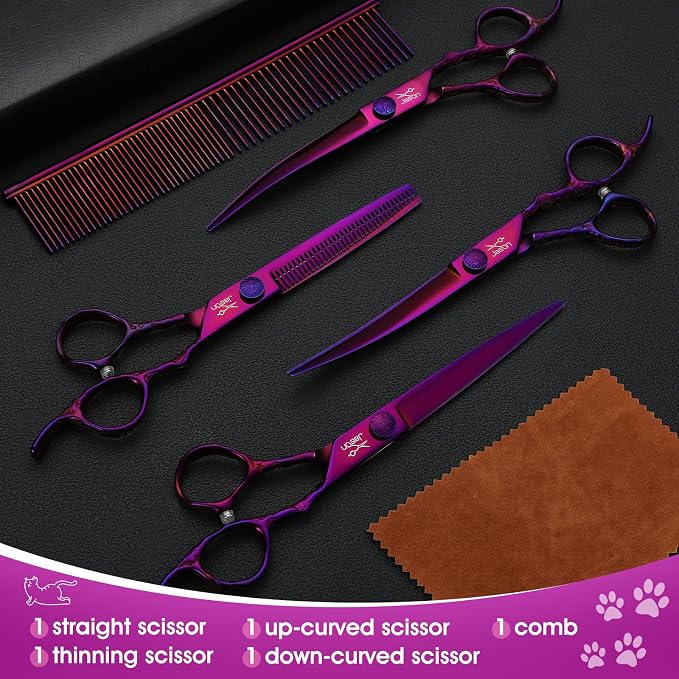 JASON Dog Grooming Scissors Set - Professional 6 in 1 Dog Shears Kit - 6.5" Thinning, 7" Straight, 7" Up-Curved, 7" Down-curved Scissors and Comb for Cat Pet with Adjustable Screw (Purple) Gift
