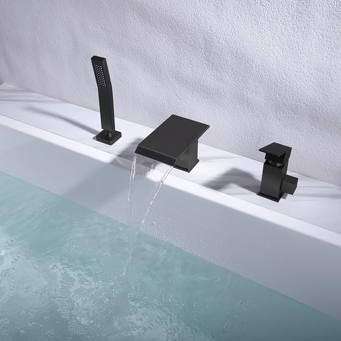 Waterfall Roman Tub Faucet with Hand Shower Matte Black 3 Hole Bathtub Faucet with Sprayer Deck Mount Bath Tub Filler Set