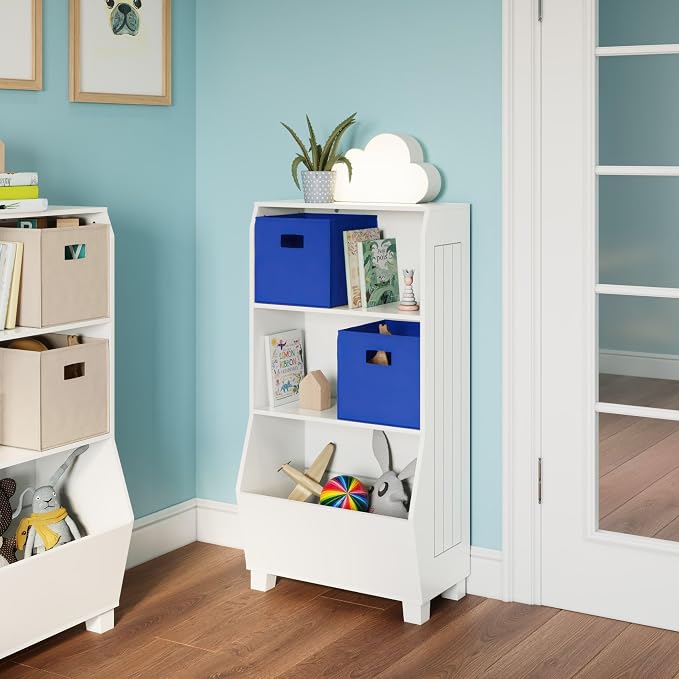 RiverRidge Kids Bookshelf with Veggie Storage and 2 Open Shelves and 2 Blue Fabric Storage Bins - Kids Organizer, Toy Shelf & Book Shelf with Deep Veggie Bin and Top Toy Display Area