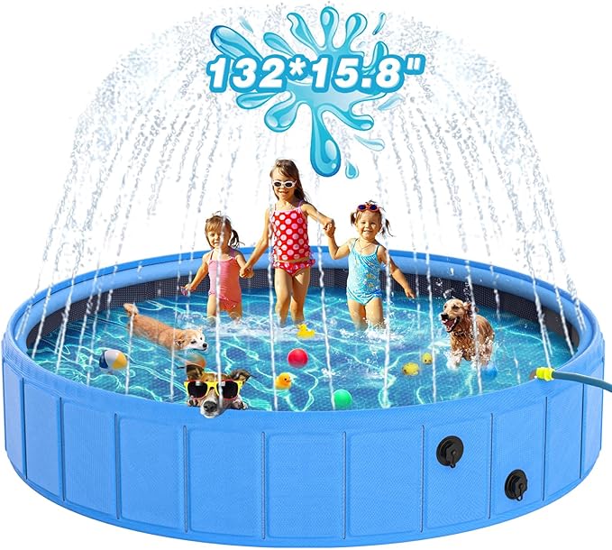 EPN Large Foldable Dog Pool – 0.55MM PVC 2-in-1 Portable Bathtub & Sprinkler for Dogs, Cats, Kids – Heavy Duty, Non-Slip, Summer Water Toy (132 in)