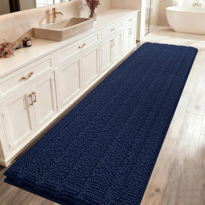 ACCUMTEK Striped Navy Blue Bathroom Rug Mat 59"x20" Ultra Soft, Non Slip Chenille Bath Rugs, Absorbent Plush Shaggy Bath Mats for Bathroom, Bedroom, Kitchen, Shower, Tub
