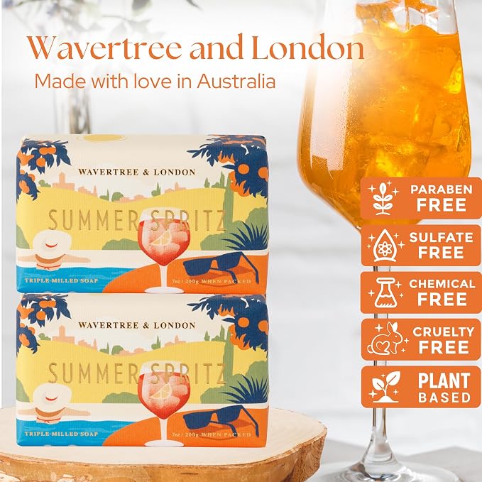 Wavertree & London Summer Spritz Scented Natural Soap (2 Bars), 7oz Moisturizing French Triple Milled Soap Bars enriched with shea butter - Pure Plant Based Bath & Body Bars for All Skin Types