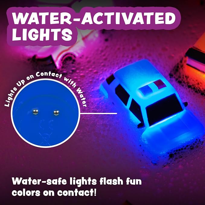 Tub Works® Emergency™ Cars Light Up Bath Toys, 12 Pack | Water-Activated Light Up Toys Flash & Change Color | Easy-Grip Baby & Toddler Bath Toys | Sensory Toys with Bath Lights for Kids Bath