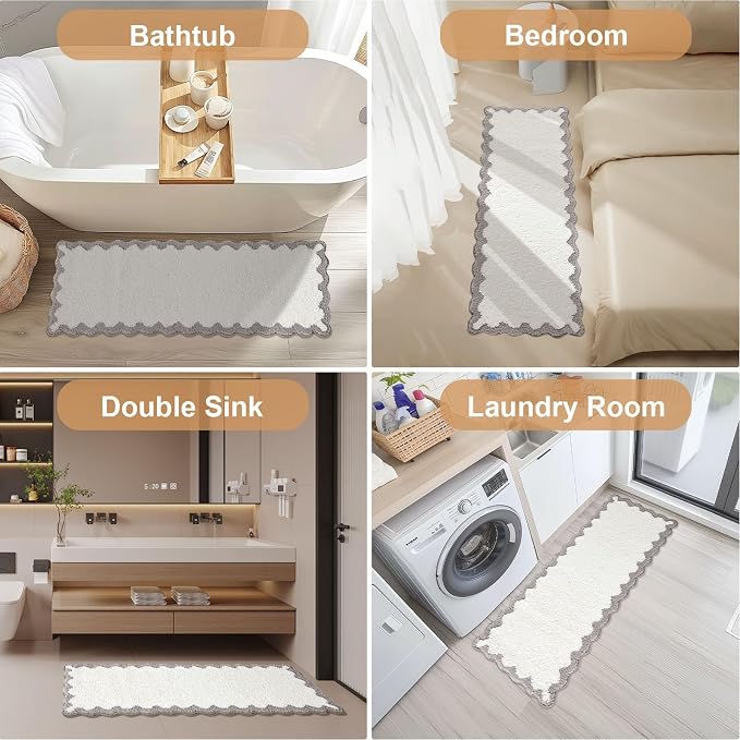 ORTIGIA Long Cute Scalloped Bathroom Rugs Runner, Fun White and Gray Plush Microfiber Scallop Bath Mats Non Slip Washable Quick Dry Absorbent, Rug Carpet for Bathtub Sink Laundry Room Bedroom, 17x47