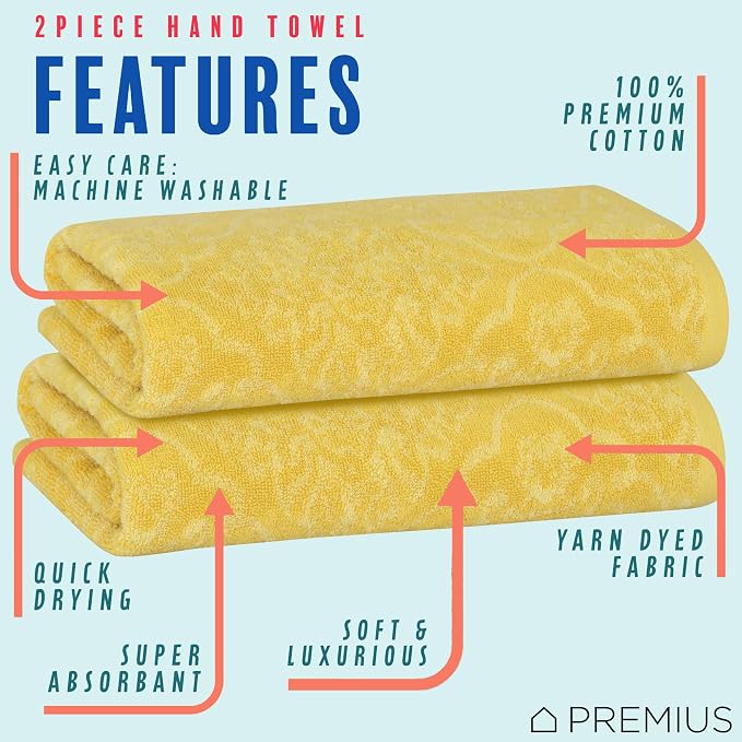 2 Pack Damask Hand Towel, Bath Towel, and Bath Sheet Towel, 100% Cotton Yarn Dyed, Lux Drying Experience, Great for Hands and Body, Perfect for Spa & Home Use (Yellow, Hand Towel)