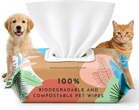Eco Wave Hypoallergenic Plant-Based Pet Wipes, Dog and Cat Grooming Wipes for Face, Ears, Body, Butt, and Paws, Fragrance Free, Compostable, 100 Count