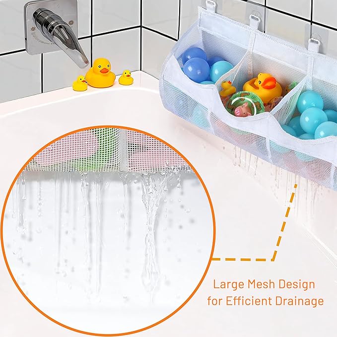 Large Bath Toy Storage, 4 Compartment Quick Drying Mesh Bath Toy Organizer with 5 Hooks, Easy Access and Sorting Large Capacity Corner Bathroom Storage, Multi Use Holder (White)